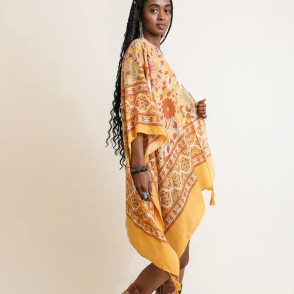 the wild calla Tops - Women's Yellow Floral Pattern Moroccan Tassel Boho Kimono Cover Up One Size